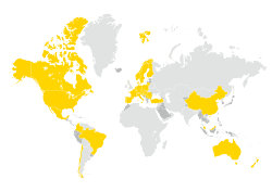 World map with yellow and grey highlighting to show where Sto is represented across the globe.