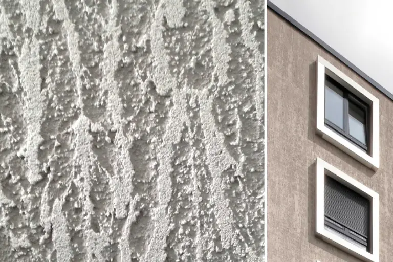 Fassadenputz StoMiral an der Fassade eines Mehrfamilienhauses, graue grobe Putzstruktur StoSignature